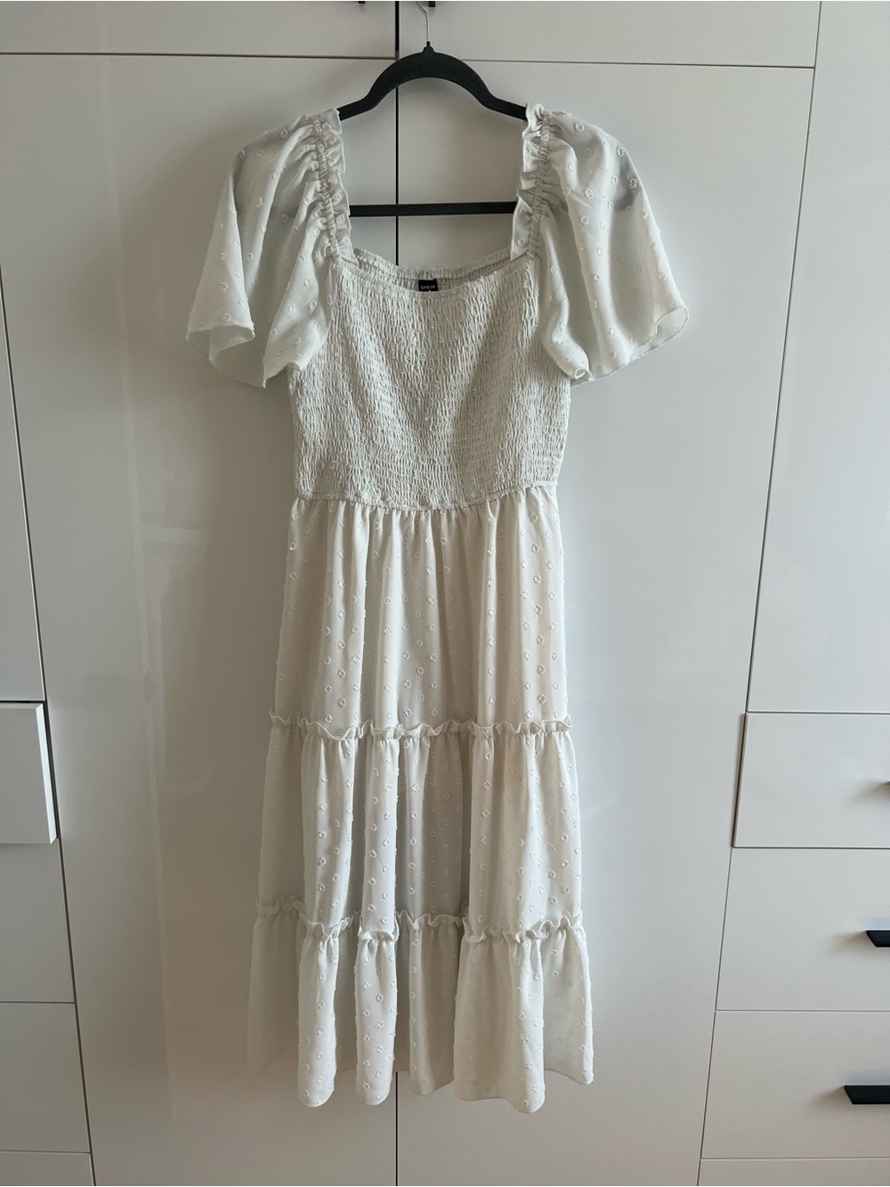 White Puff-Sleeve Smocked Midi Dress - SHEIN